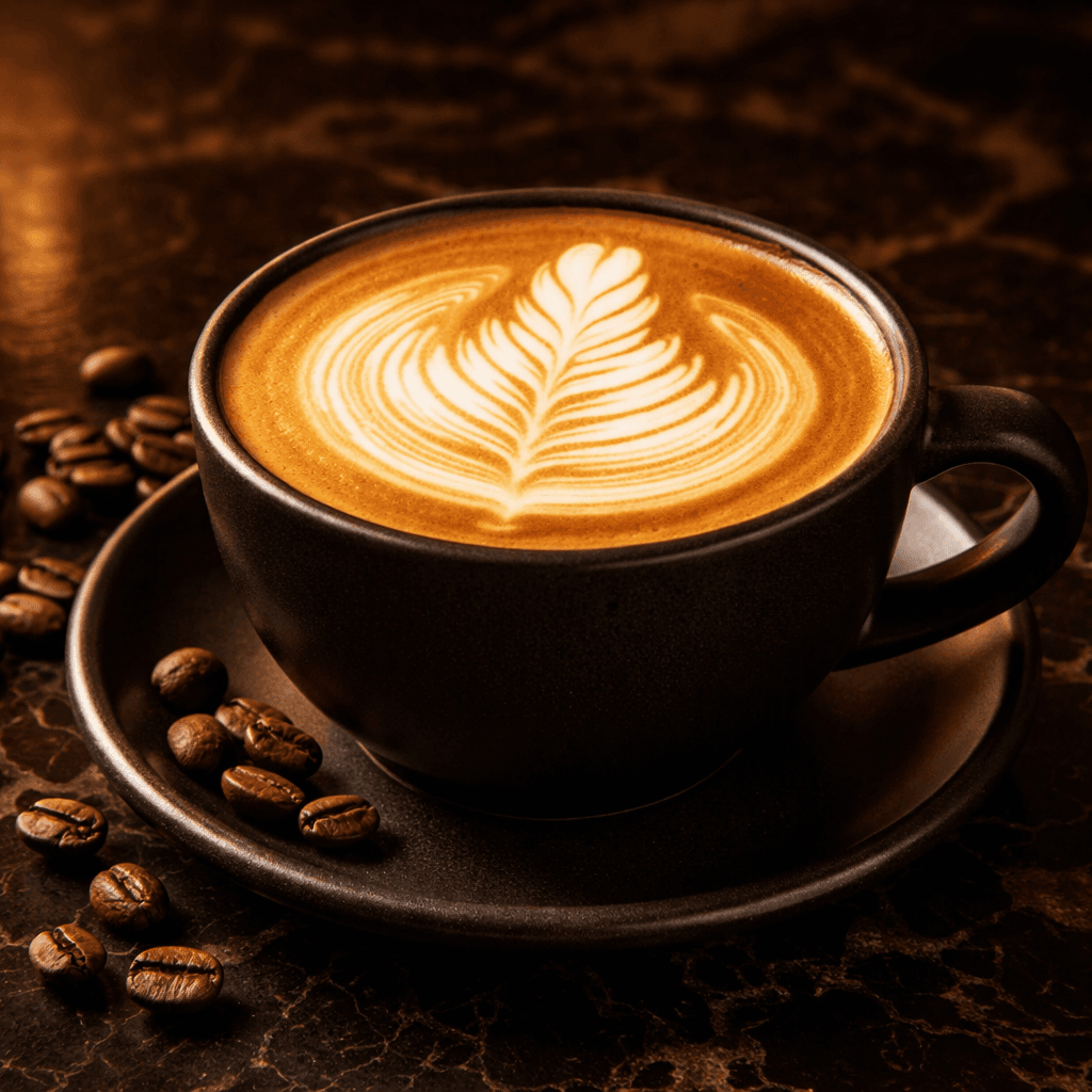 Perfect latte art in a dark ceramic cup on a dark marble surface with coffee beans