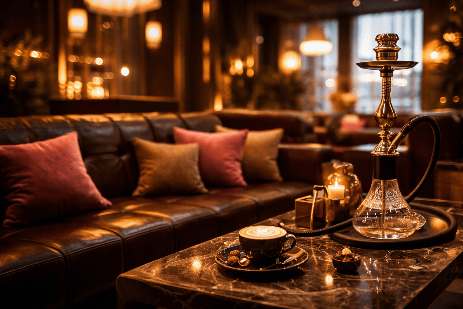 Luxurious Dubai lounge interior with warm ambient lighting, leather seating, and a coffee cup on a marble table