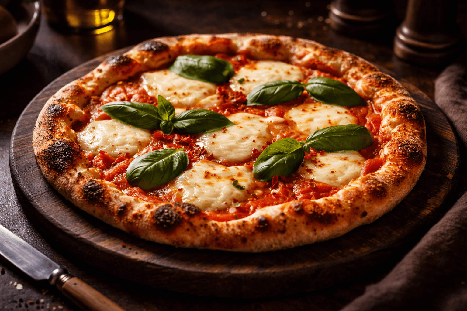 Appetizing freshly baked gourmet pizza with melted mozzarella and fresh basil on a rustic board