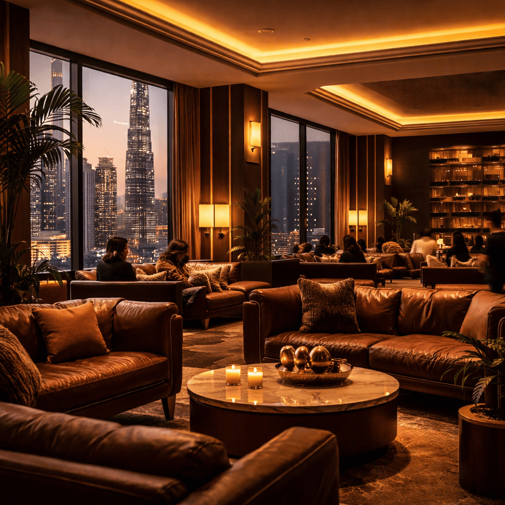 Elegant, spacious luxury lounge interior in Dubai with deep leather seating and warm amber lighting
