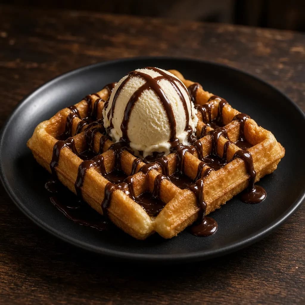 Belgian waffle with a scoop of vanilla ice cream and warm chocolate sauce