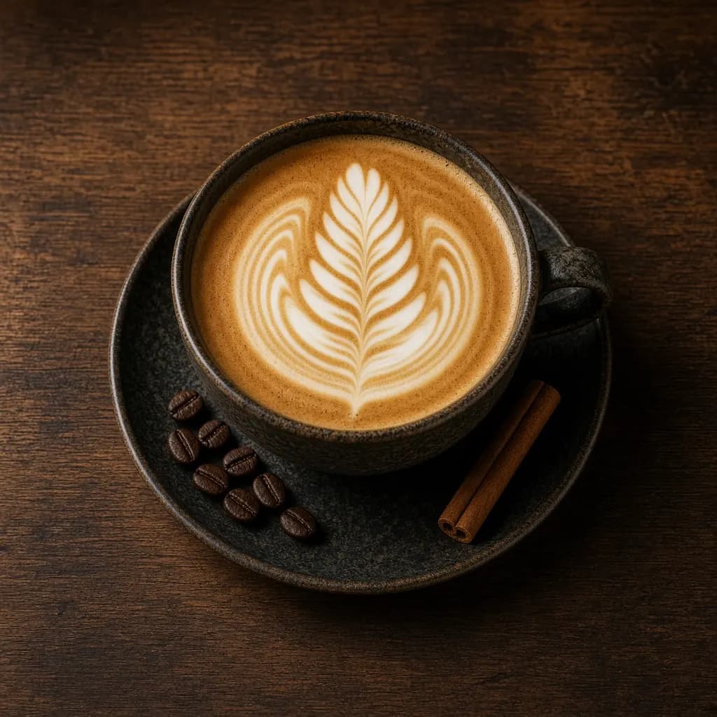 Cappuccino with rosetta latte art in a dark ceramic cup beside coffee beans and a cinnamon stick