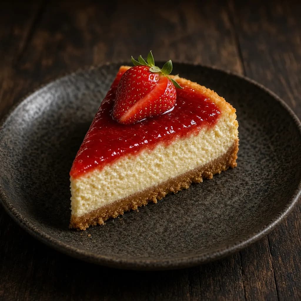 Slice of baked cheesecake with glossy strawberry glaze and a fresh strawberry