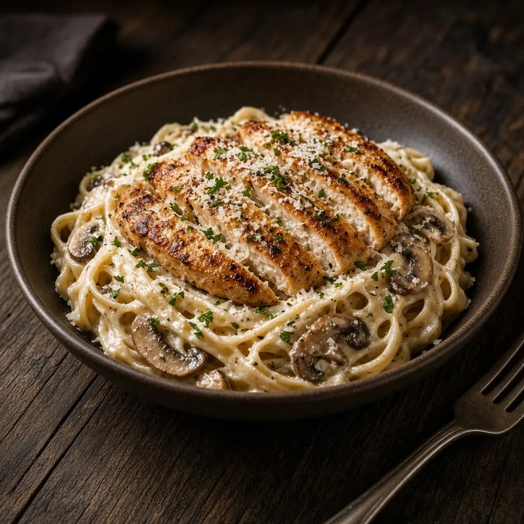 Creamy fettuccine alfredo topped with sliced grilled chicken, mushrooms and parmesan