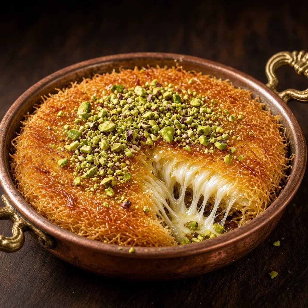 Golden cheese kunafa with stretchy melted cheese and crushed pistachios in a copper pan
