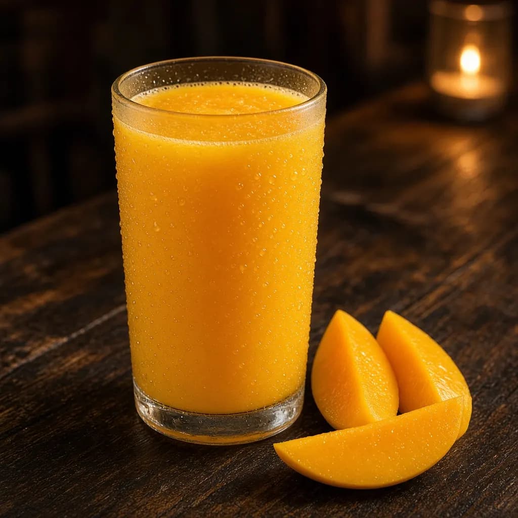 Tall glass of fresh mango juice with mango slices on a dark wooden table