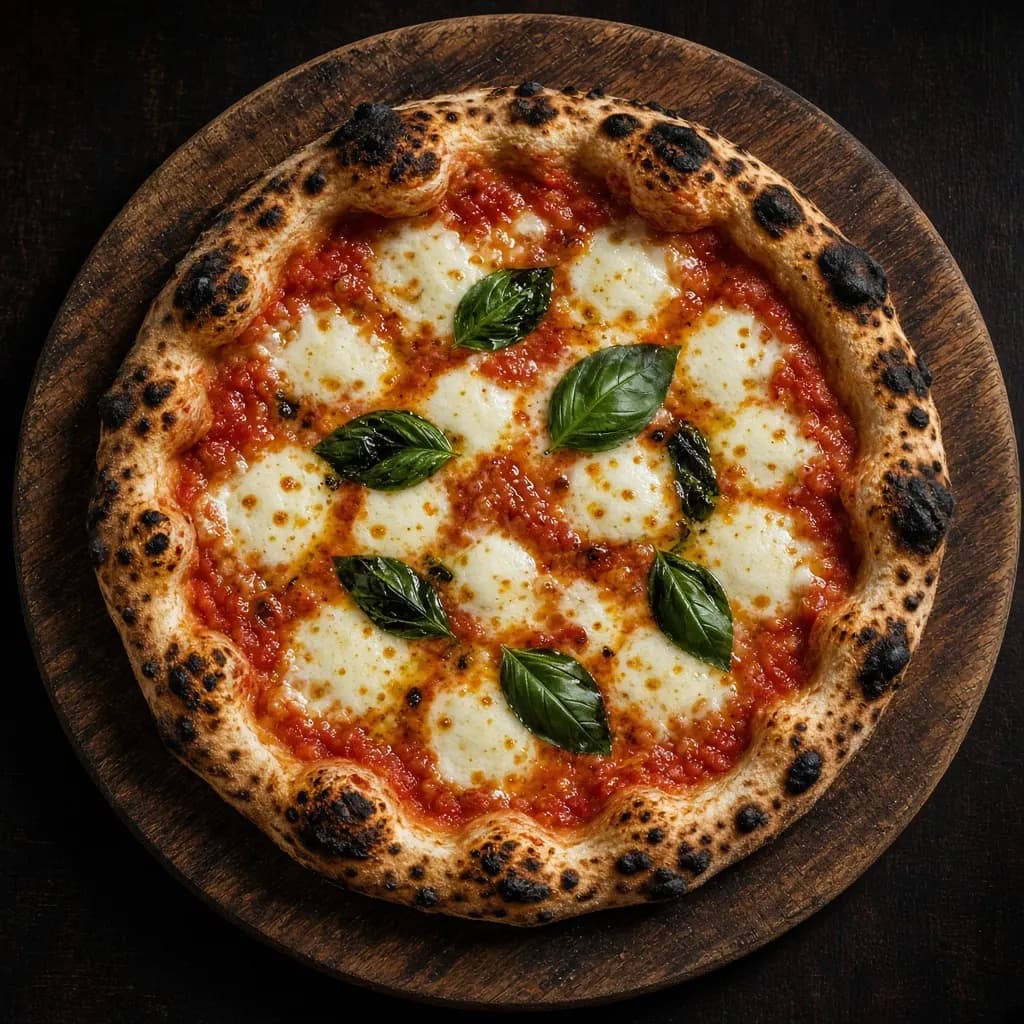 Wood-fired margherita pizza with fresh mozzarella and basil on a wooden board