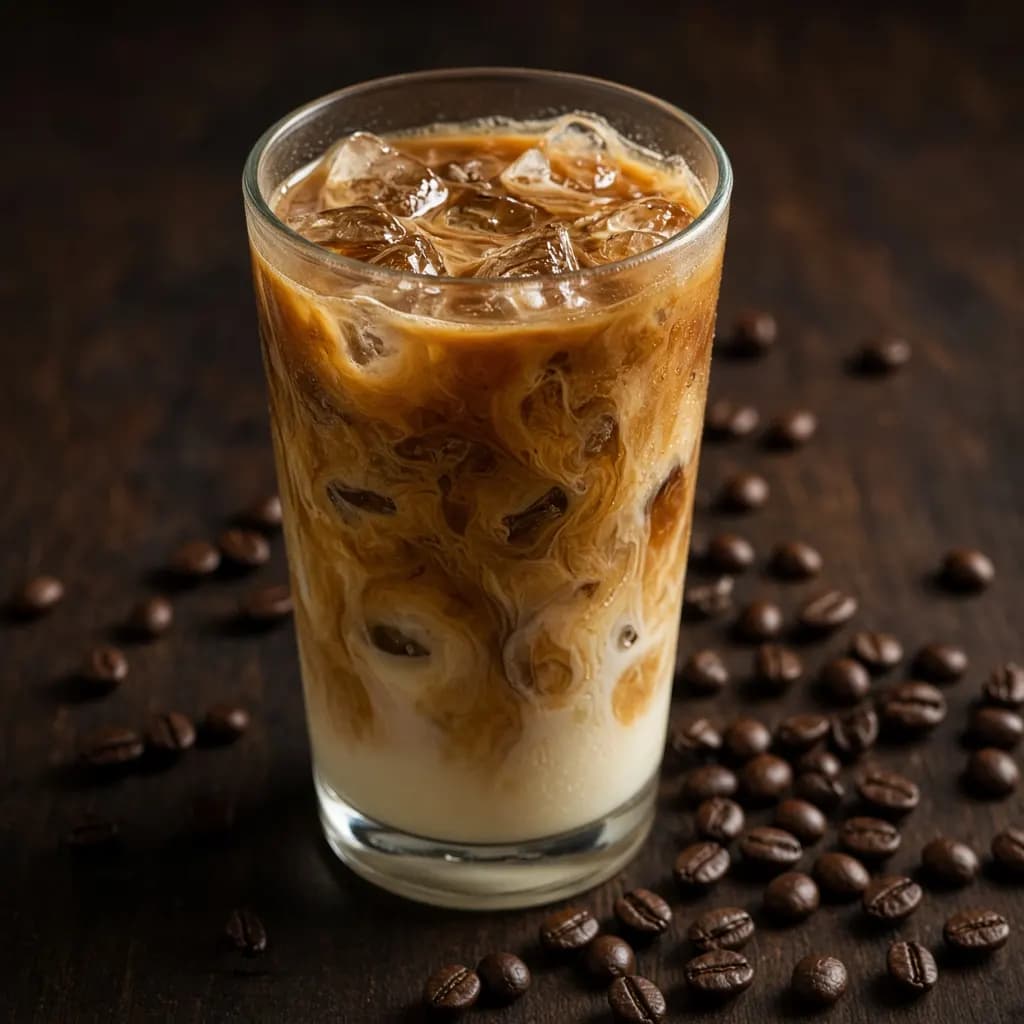 Iced Spanish latte with swirls of condensed milk and espresso over ice