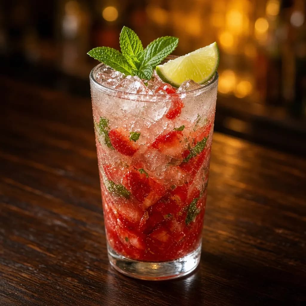 Strawberry mojito with crushed ice, fresh mint and a lime wedge