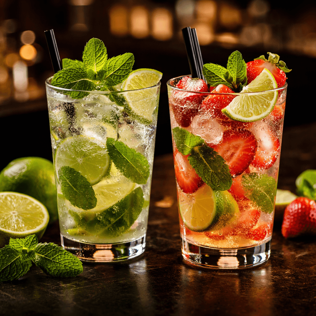 Colorful mojito glasses with mint, lime, and fresh strawberries on a dark table
