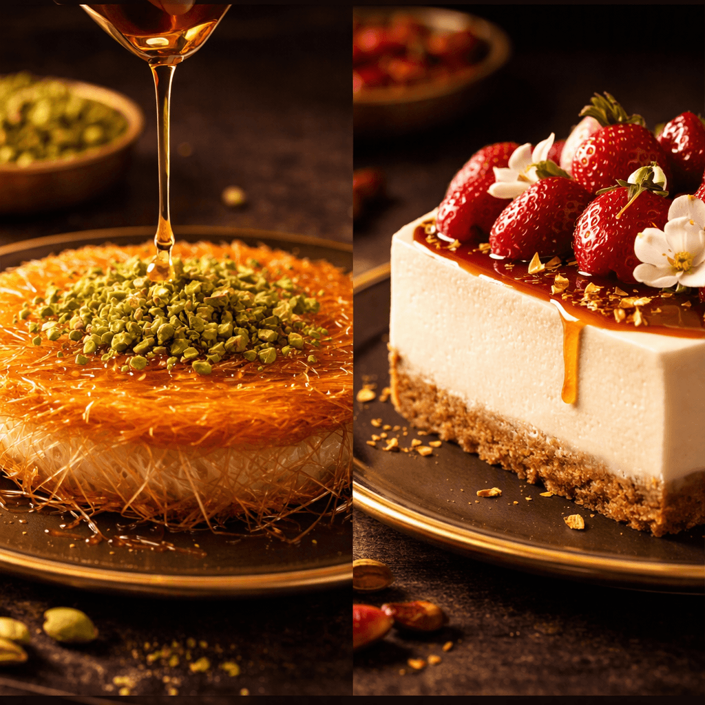 Beautifully plated traditional kunafa with pistachio sprinkle and syrup next to a modern cheesecake