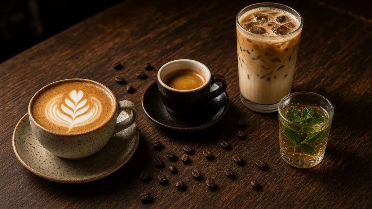 Cappuccino with latte art, espresso, iced latte and Moroccan mint tea on a dark walnut table
